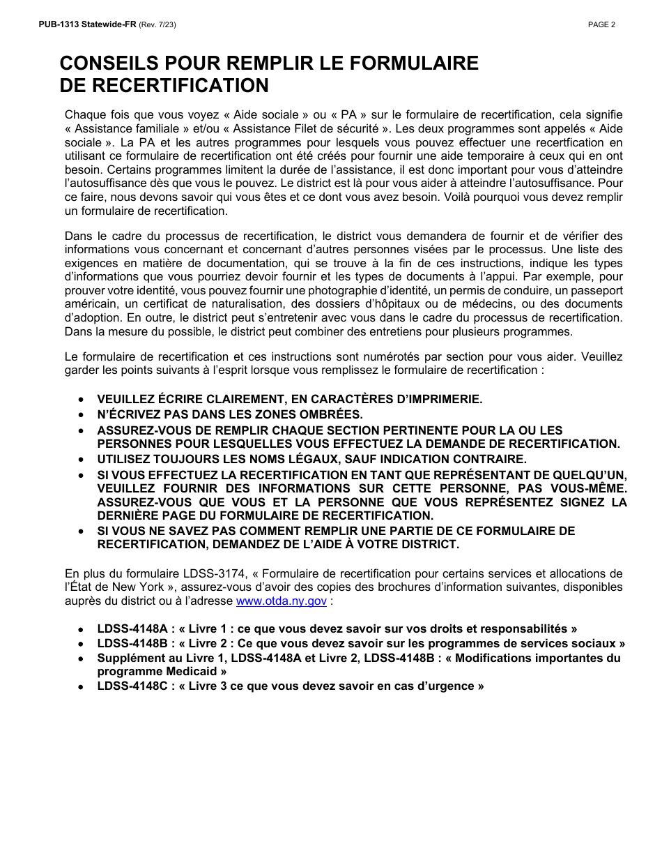 Instructions for Form LDSS-3174 New York State Recertification Form for Certain Benefits and Services - New York (French), Page 3