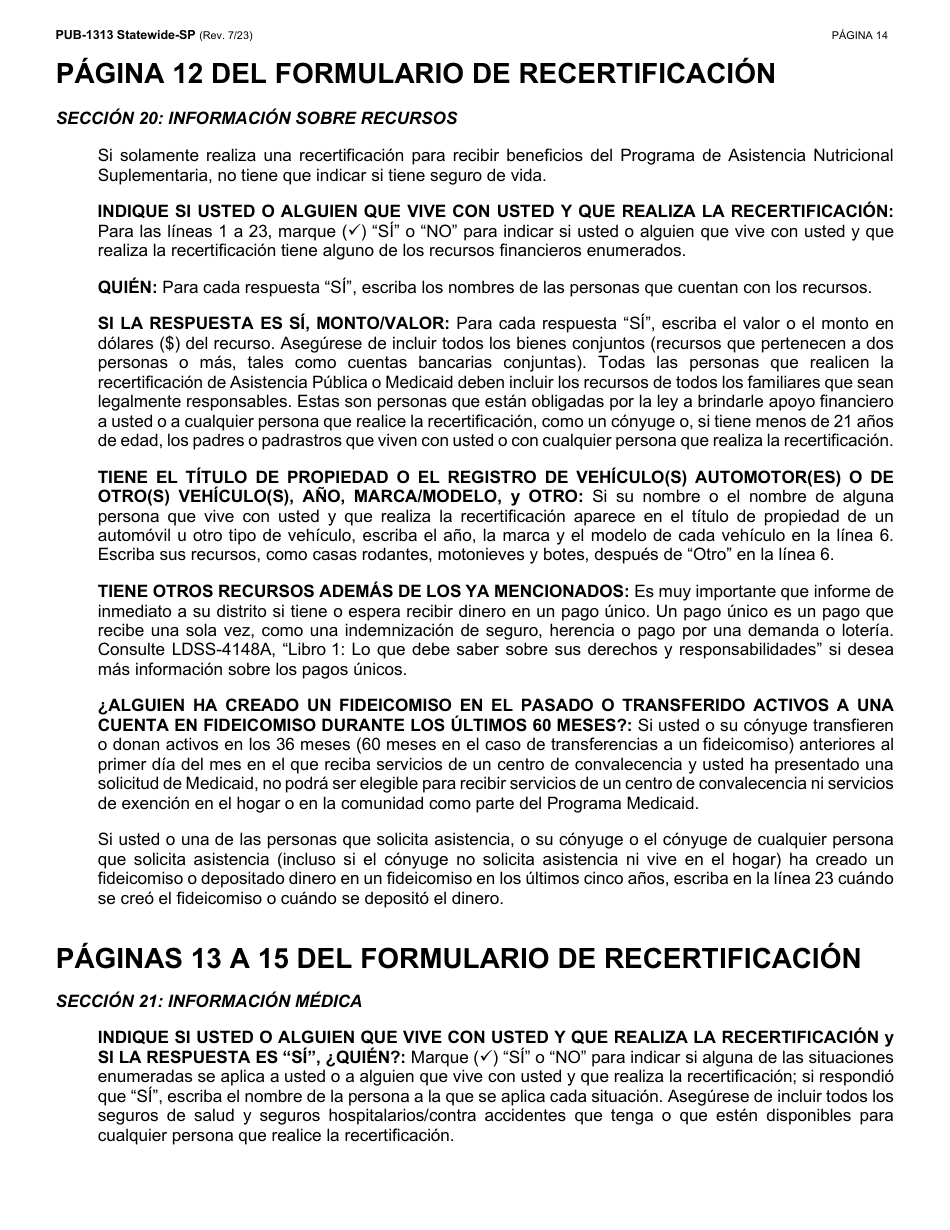 Instrucciones para Formulario LDSS-3174 Formulario De Recertificacion Para Ciertos Beneficios Y Servicios Del Estado De Nueva York - New York (Spanish), Page 15