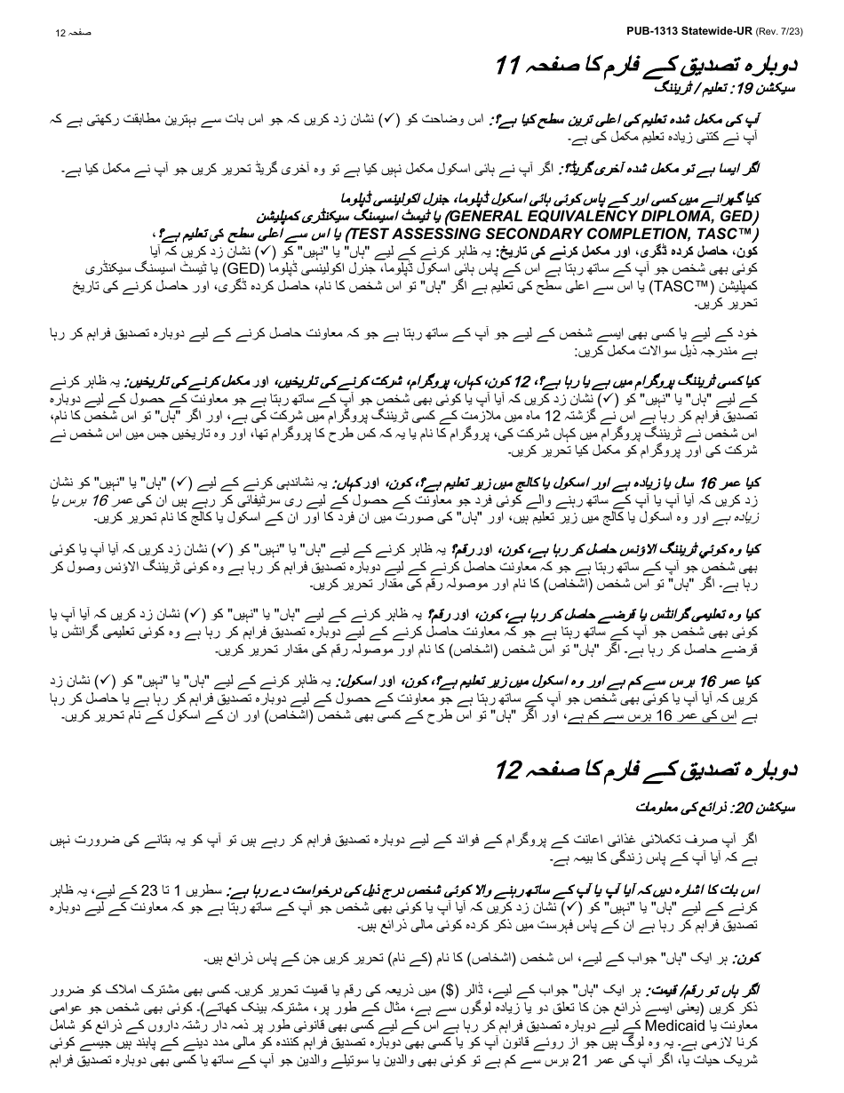 Instructions for Form LDSS-3174 New York State Recertification Form for Certain Benefits and Services - New York (Urdu), Page 13