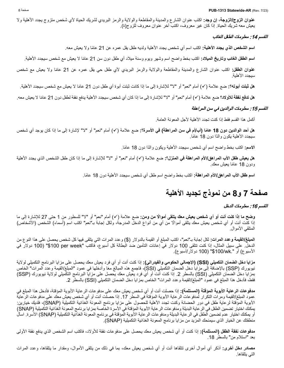 Instructions for Form LDSS-3174 New York State Recertification Form for Certain Benefits and Services - New York (Arabic), Page 9