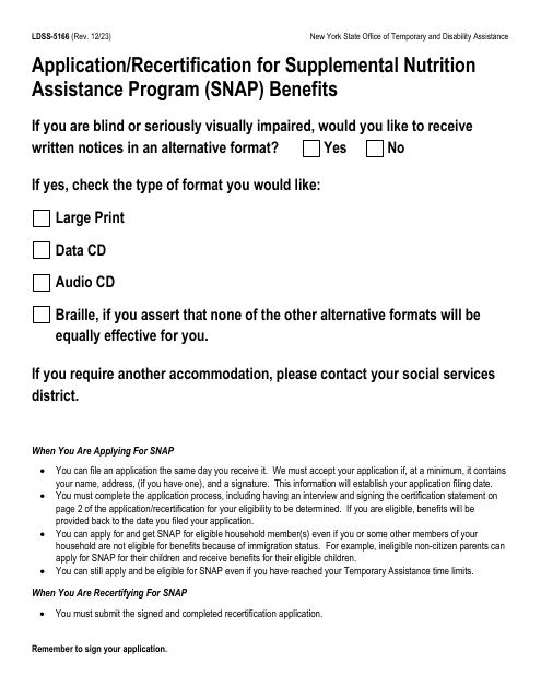 Form LDSS-5166 Application/Recertification for Supplemental Nutrition Assistance Program (Snap) Benefits - New York, 2023
