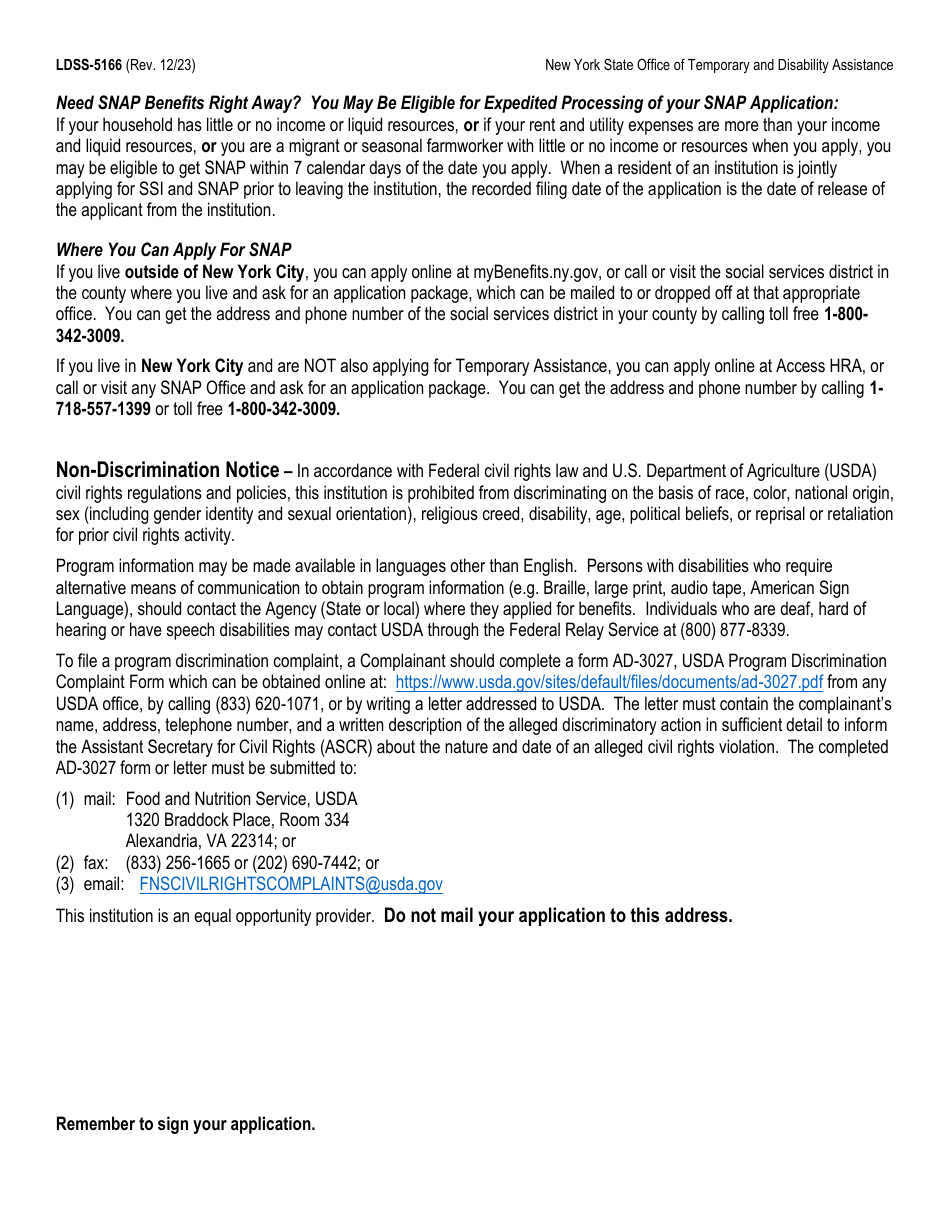 Form LDSS-5166 Application / Recertification for Supplemental Nutrition Assistance Program (Snap) Benefits - New York, Page 2