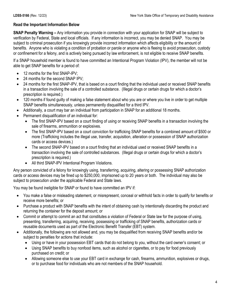Form LDSS-5166 Application / Recertification for Supplemental Nutrition Assistance Program (Snap) Benefits - New York, Page 6