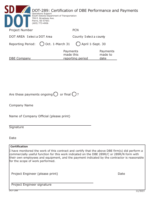 Form DOT-289 Certification of Dbe Performance and Payments - South Dakota