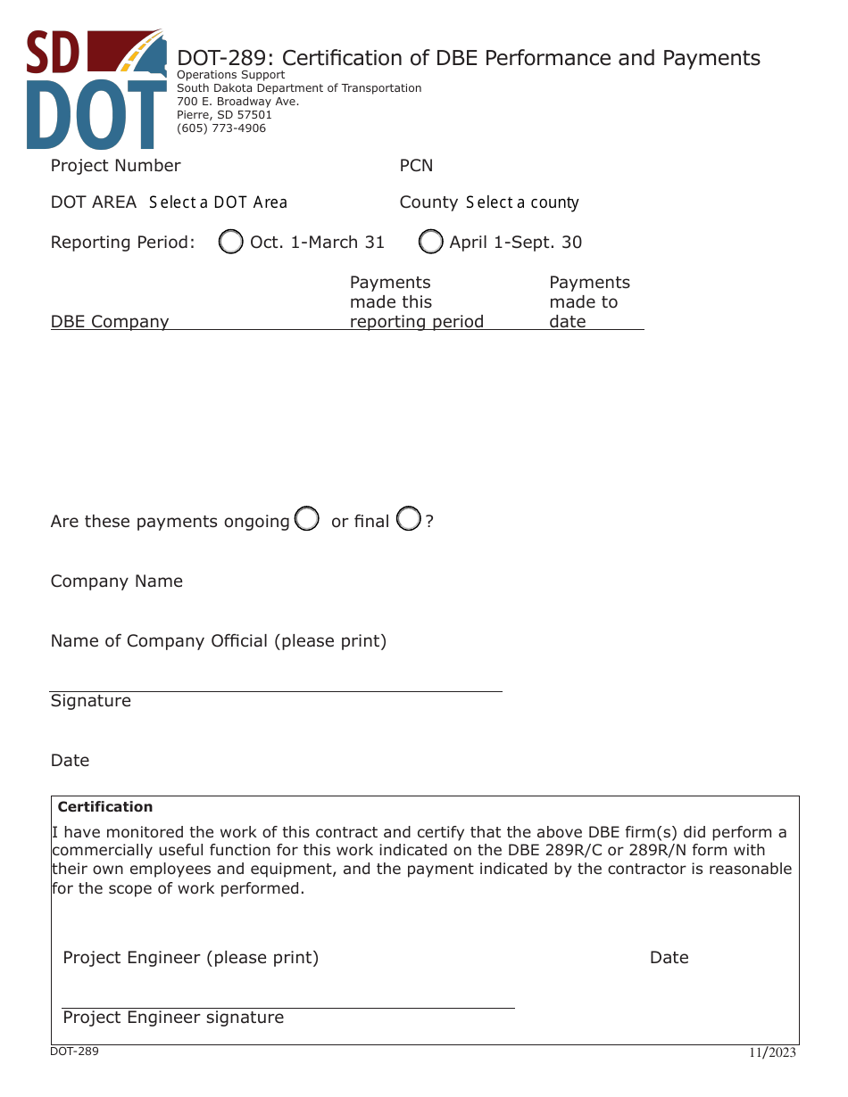 Form DOT-289 Certification of Dbe Performance and Payments - South Dakota, Page 1