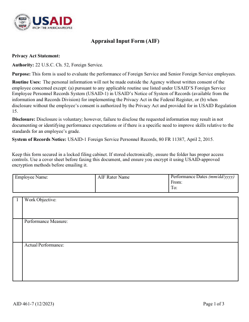 Form AID461-7 Appraisal Input Form (Aif)
