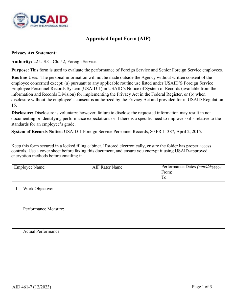Form AID461-7 Appraisal Input Form (Aif), Page 1