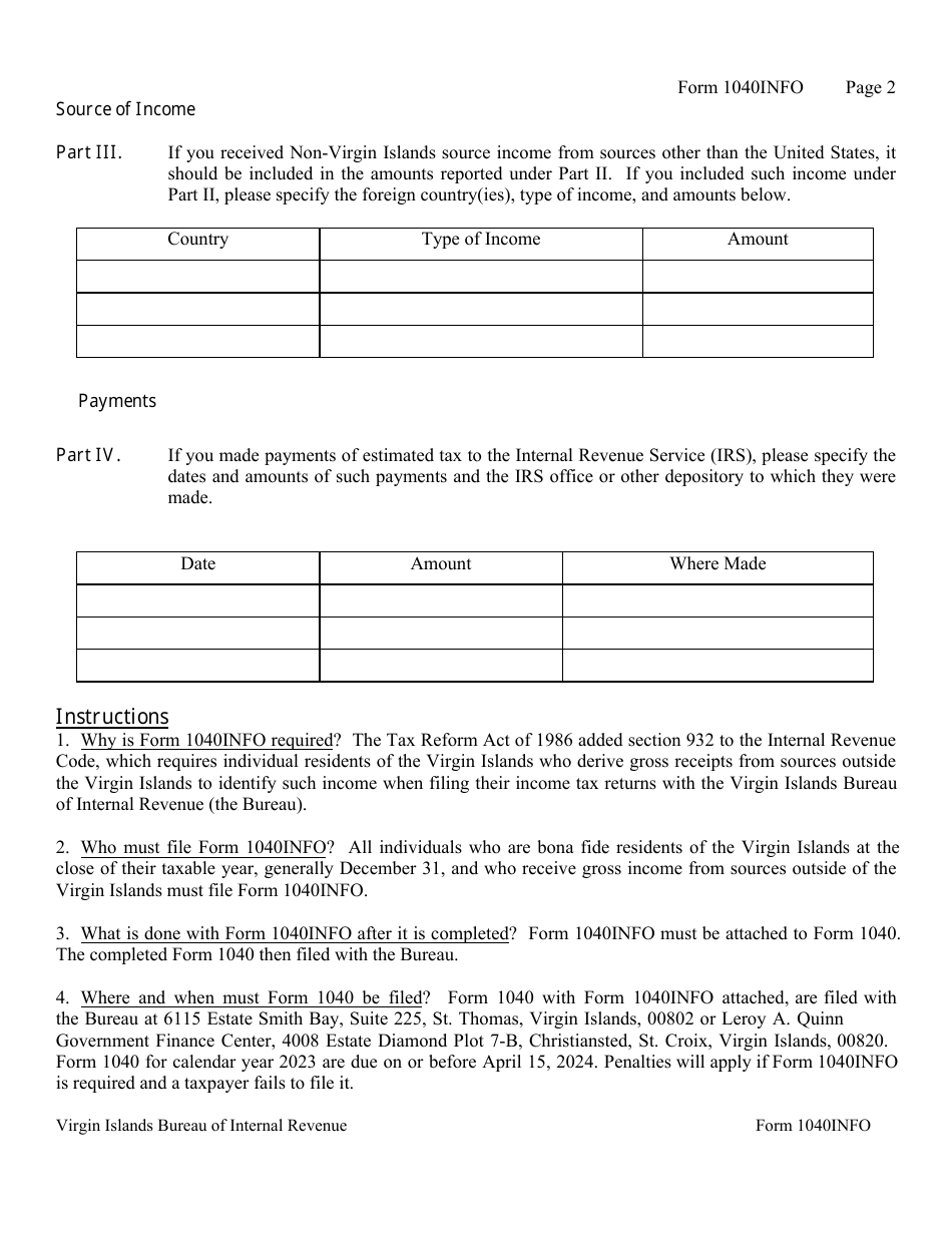 Form 1040INFO Non-virgin Islands Source Income of Virgin Islands Residents - Virgin Islands, Page 2