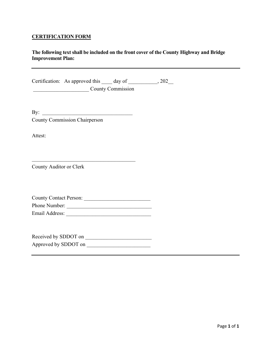 Certification Form - Bridge Improvement Grant Program - South Dakota, Page 1