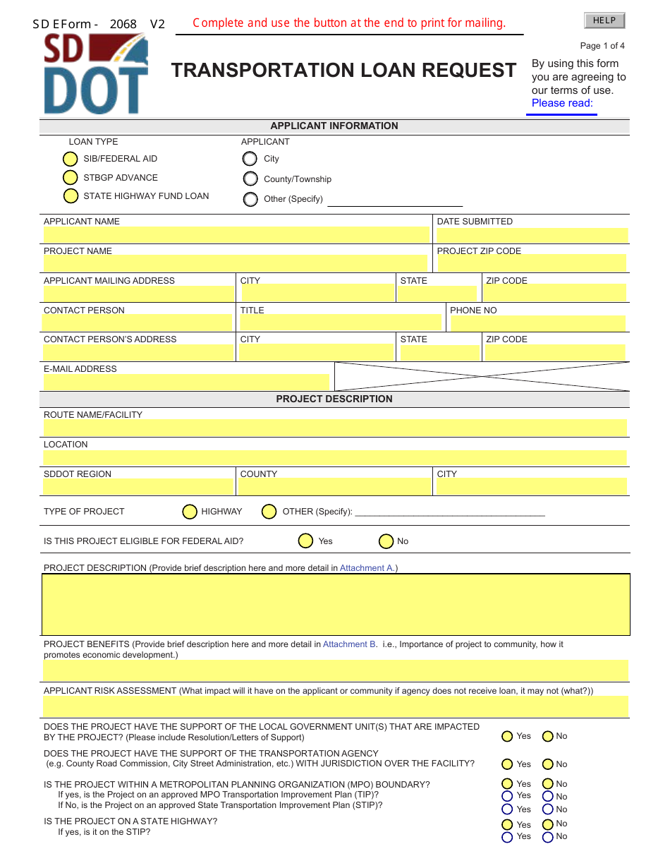 SD Form 2068 Transportation Loan Request - South Dakota, Page 1