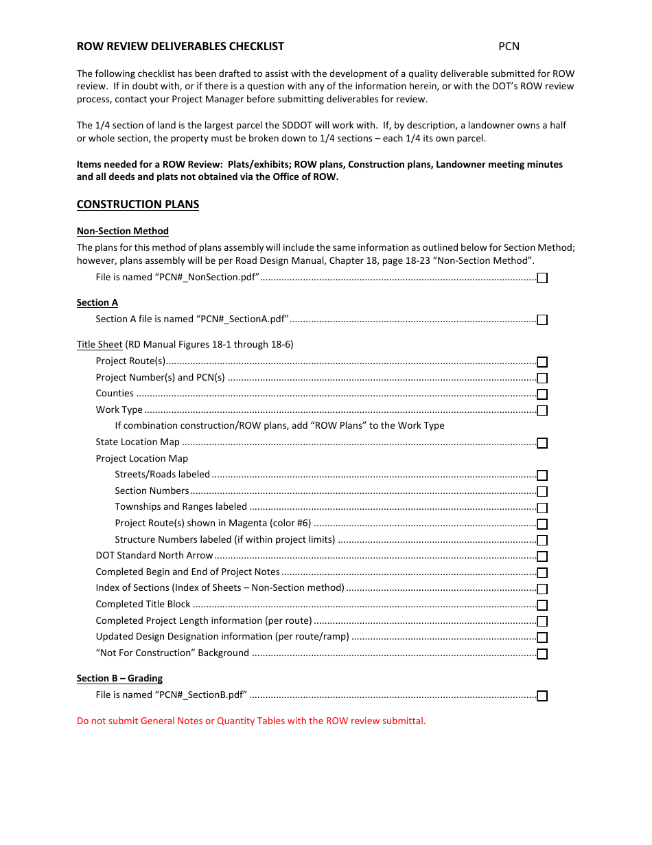 Row Review Deliverables Checklist - South Dakota, Page 1
