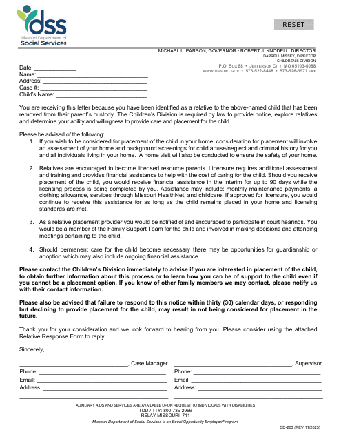 Form CD-203 Relative Notification Letter & Response Form - Missouri