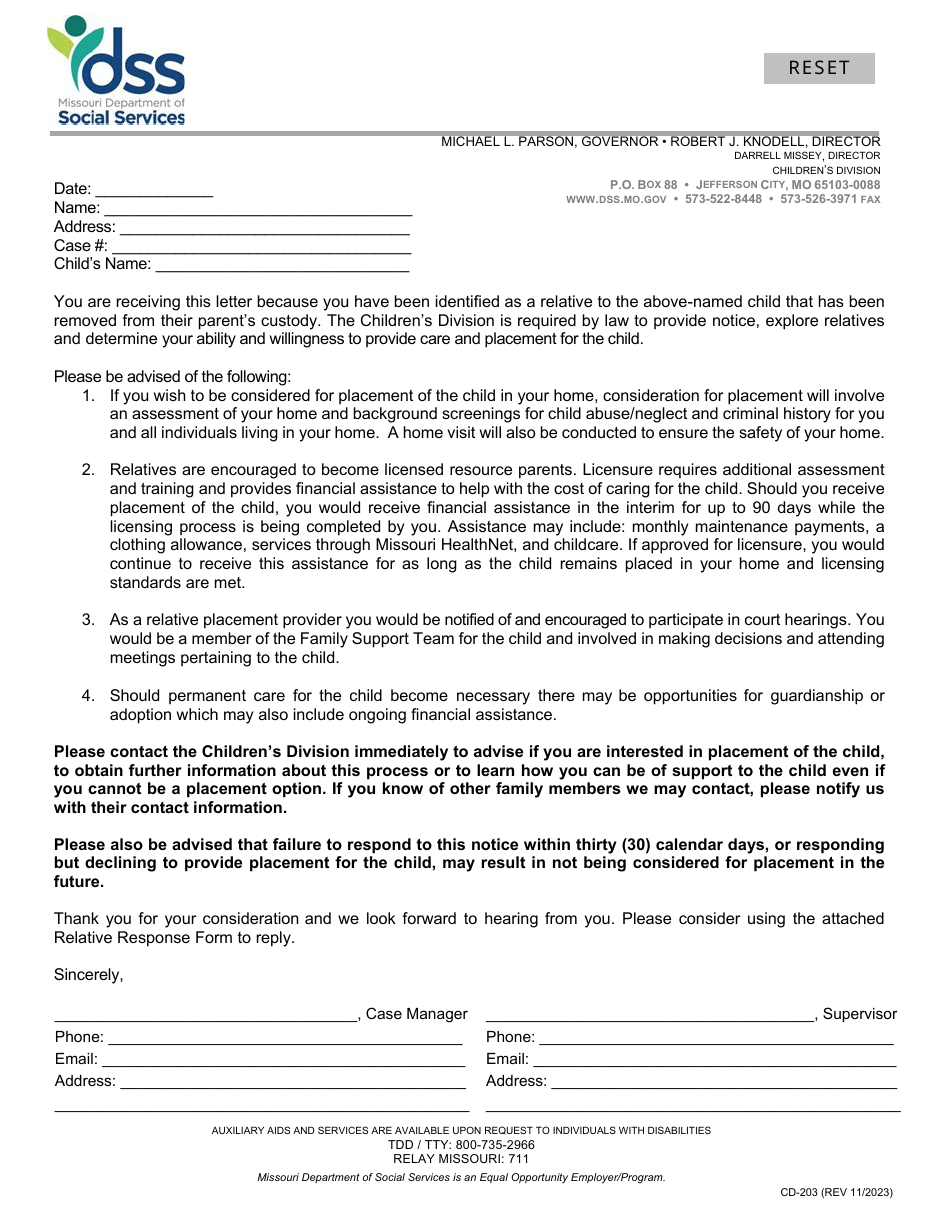 Form CD-203 Relative Notification Letter  Response Form - Missouri, Page 1
