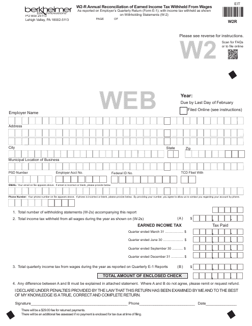 Form W-2R Annual Reconciliation of Earned Income Tax Withheld From Wages - Pennsylvania