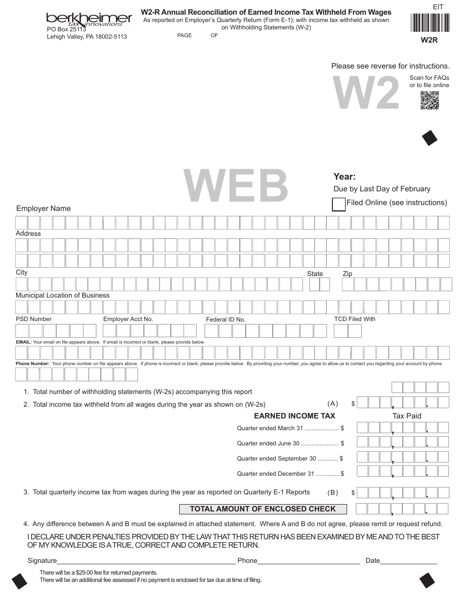 Form W-2R Annual Reconciliation of Earned Income Tax Withheld From Wages - Pennsylvania, Page 1