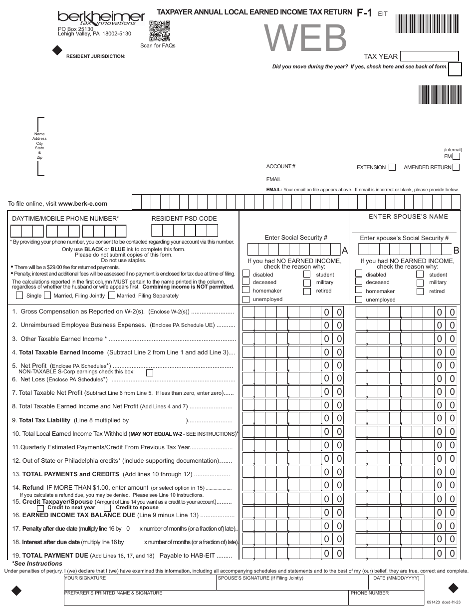 Form F-1 Taxpayer Annual Local Earned Income Tax Return - Pennsylvania, Page 1