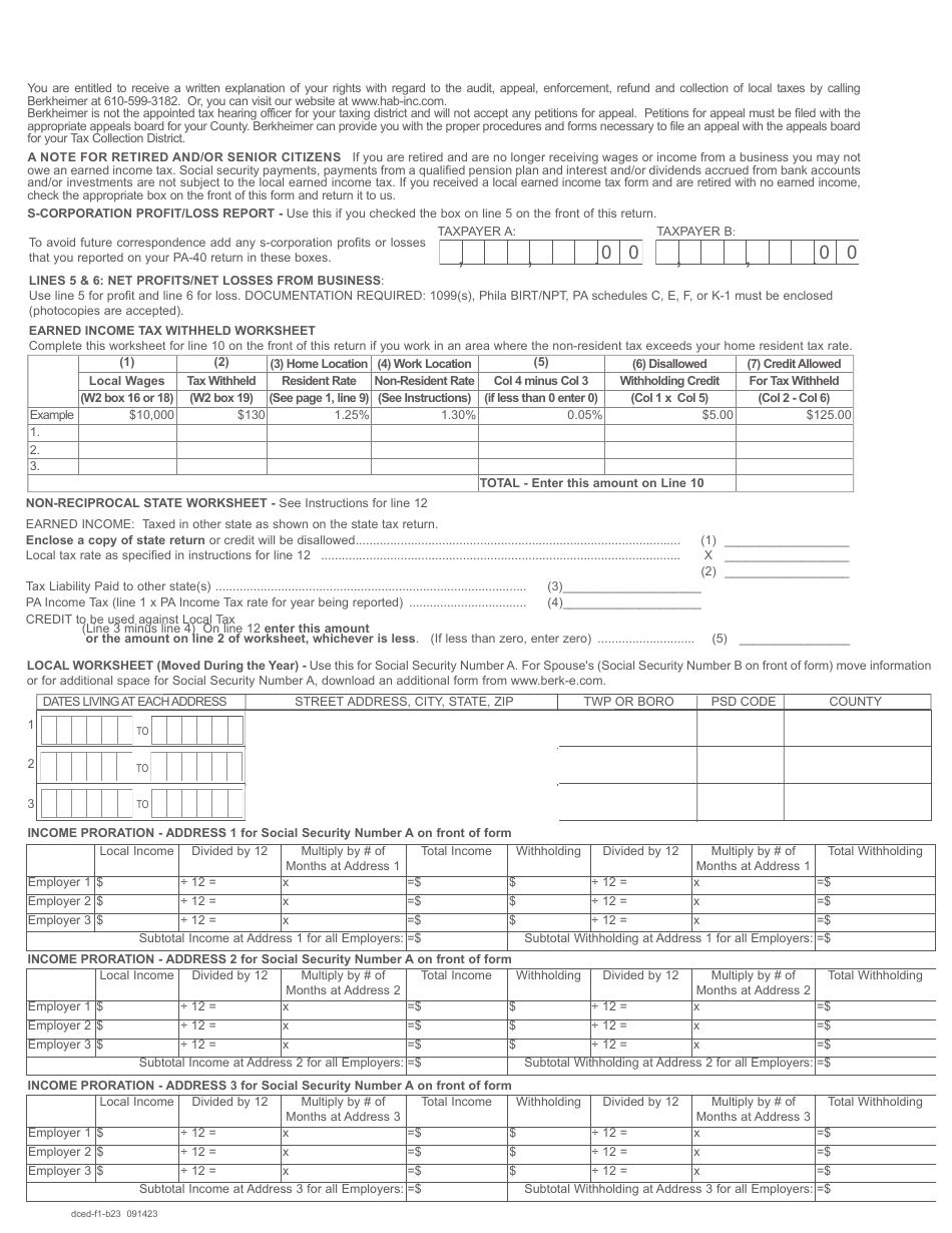 Form F-1 Taxpayer Annual Local Earned Income Tax Return - Pennsylvania, Page 2