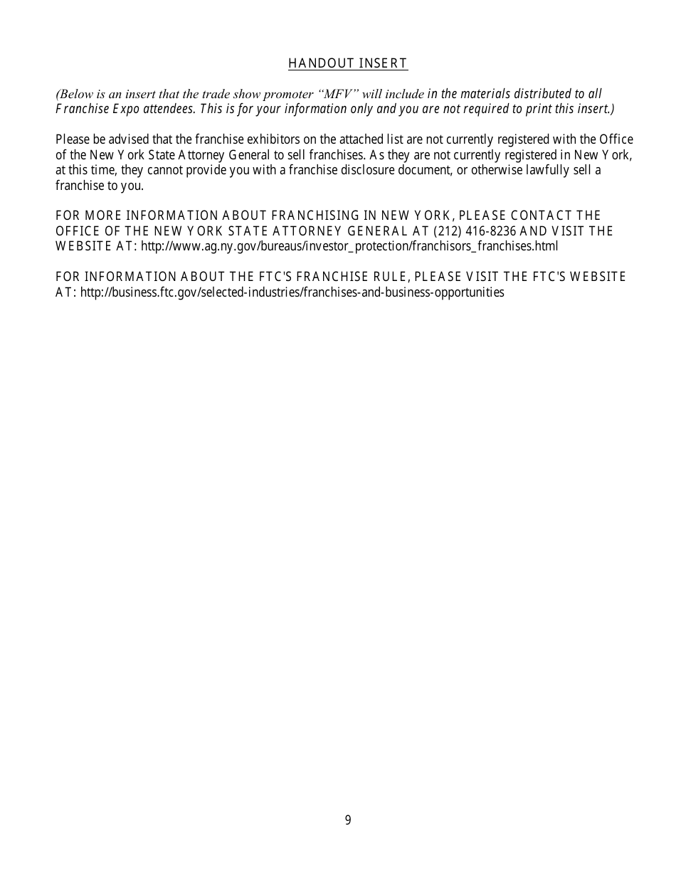 Exemption Request for an Unregistered International Franchisor to Exhibit and Offer for Sale, but Not to Sell, Franchises at the International Franchise Expo in New York - New York, Page 9