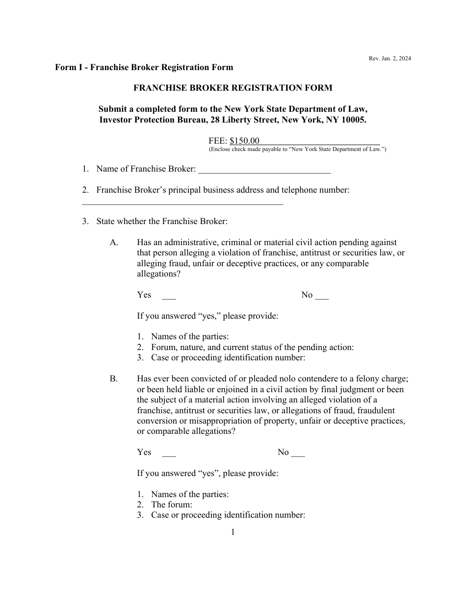 Form I (DOS-17) Franchise Broker Registration Form - New York, Page 1