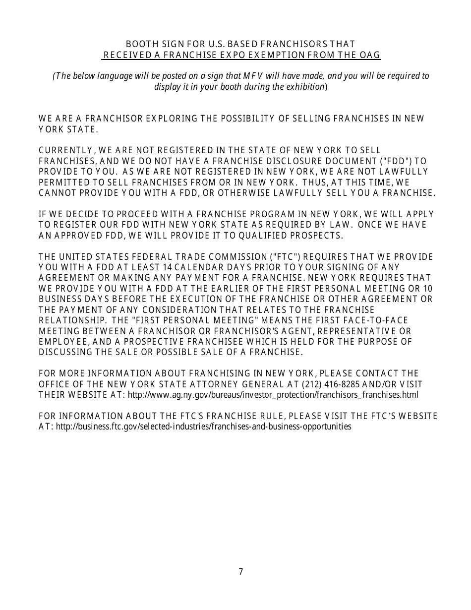Exemption Request for an Unregistered U.S.-based Franchisor to Exhibit and Offer for Sale, but Not to Sell, Franchises at the International Franchise Expo in New York - New York, Page 7