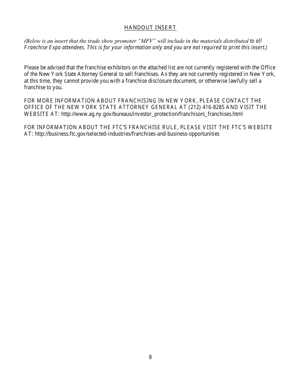 Exemption Request for an Unregistered U.S.-based Franchisor to Exhibit and Offer for Sale, but Not to Sell, Franchises at the International Franchise Expo in New York - New York, Page 8