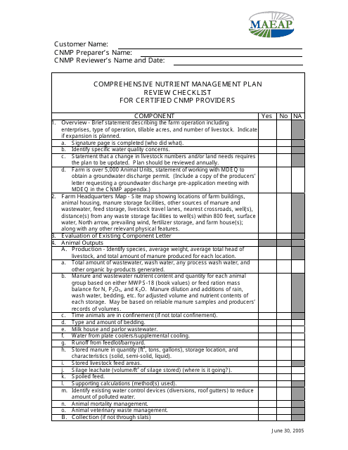 Comprehensive Nutrient Management Plan Review Checklist for Certified Cnmp Providers - Michigan Download Pdf