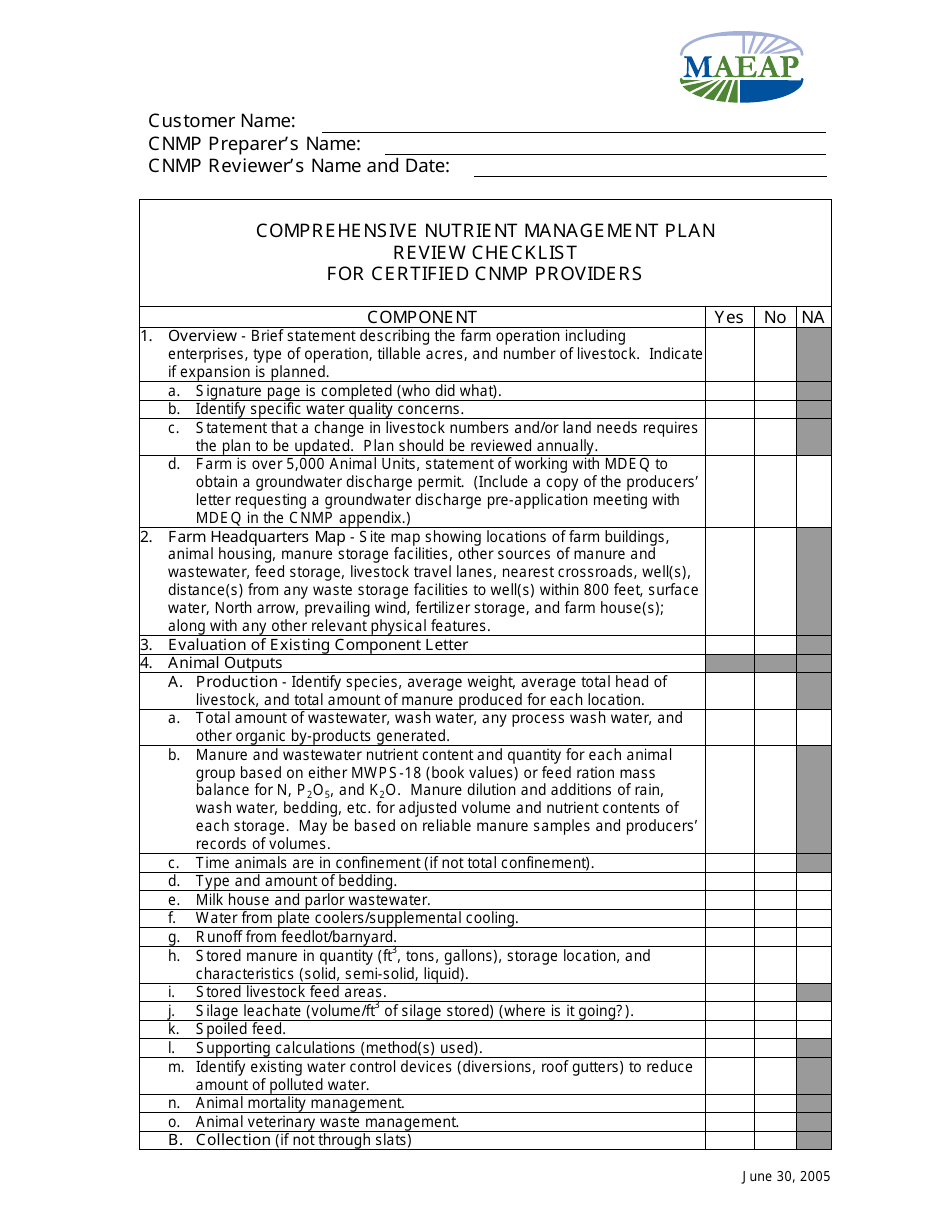 Comprehensive Nutrient Management Plan Review Checklist for Certified Cnmp Providers - Michigan, Page 1
