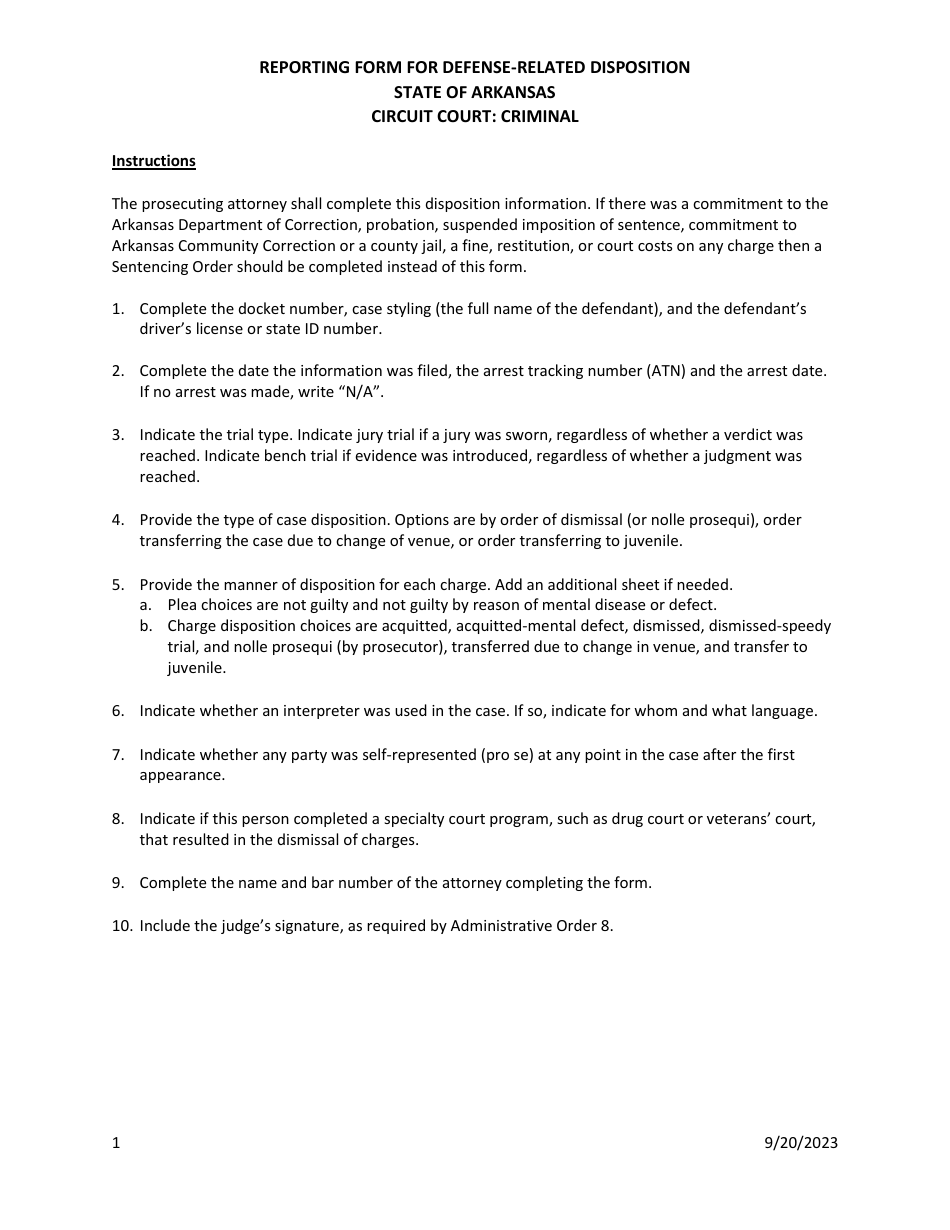 Instructions for Reporting Form for Defense-Related Disposition - Arkansas, Page 1