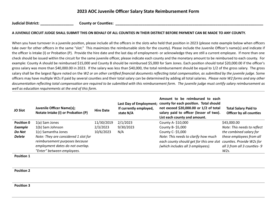 Aoc Juvenile Officer Salary State Reimbursement Form - Arkansas, Page 1
