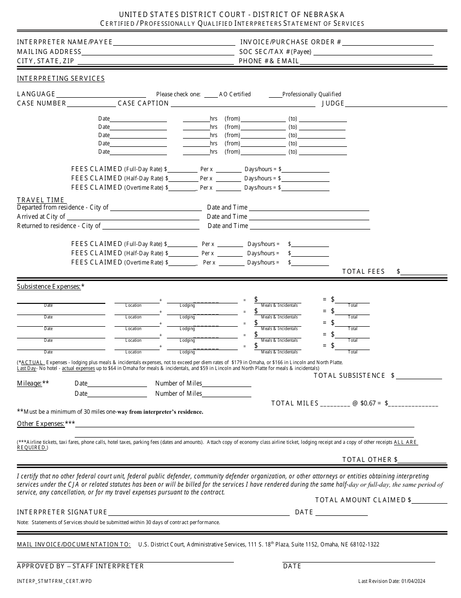 Certified / Professionally Qualified Interpreters Statement of Services - Nebraska, Page 1