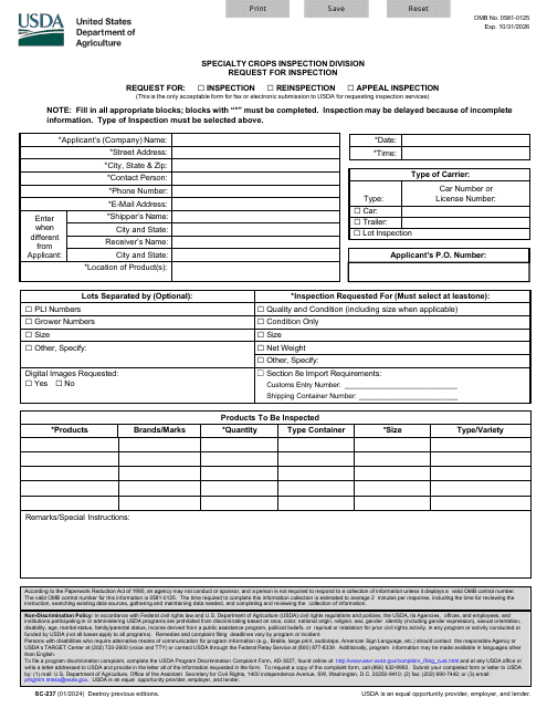 Form SC-237 Request for Inspection