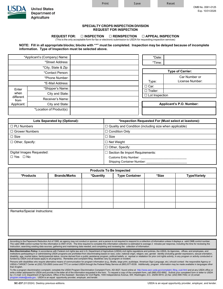 Form SC-237 Request for Inspection, Page 1