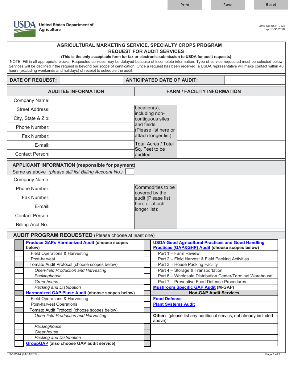 Form SC-237A Request for Audit Services - Agricultural Marketing Service, Specialty Crops Program, Page 1