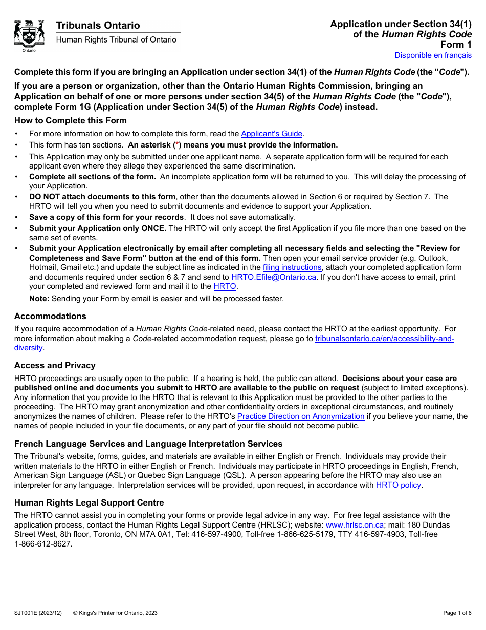 Form 1 Application Under Section 34(1) of the Human Rights Code - Ontario, Canada, Page 1