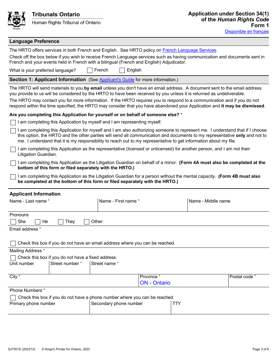 Form 1 Application Under Section 34(1) of the Human Rights Code - Ontario, Canada, Page 3