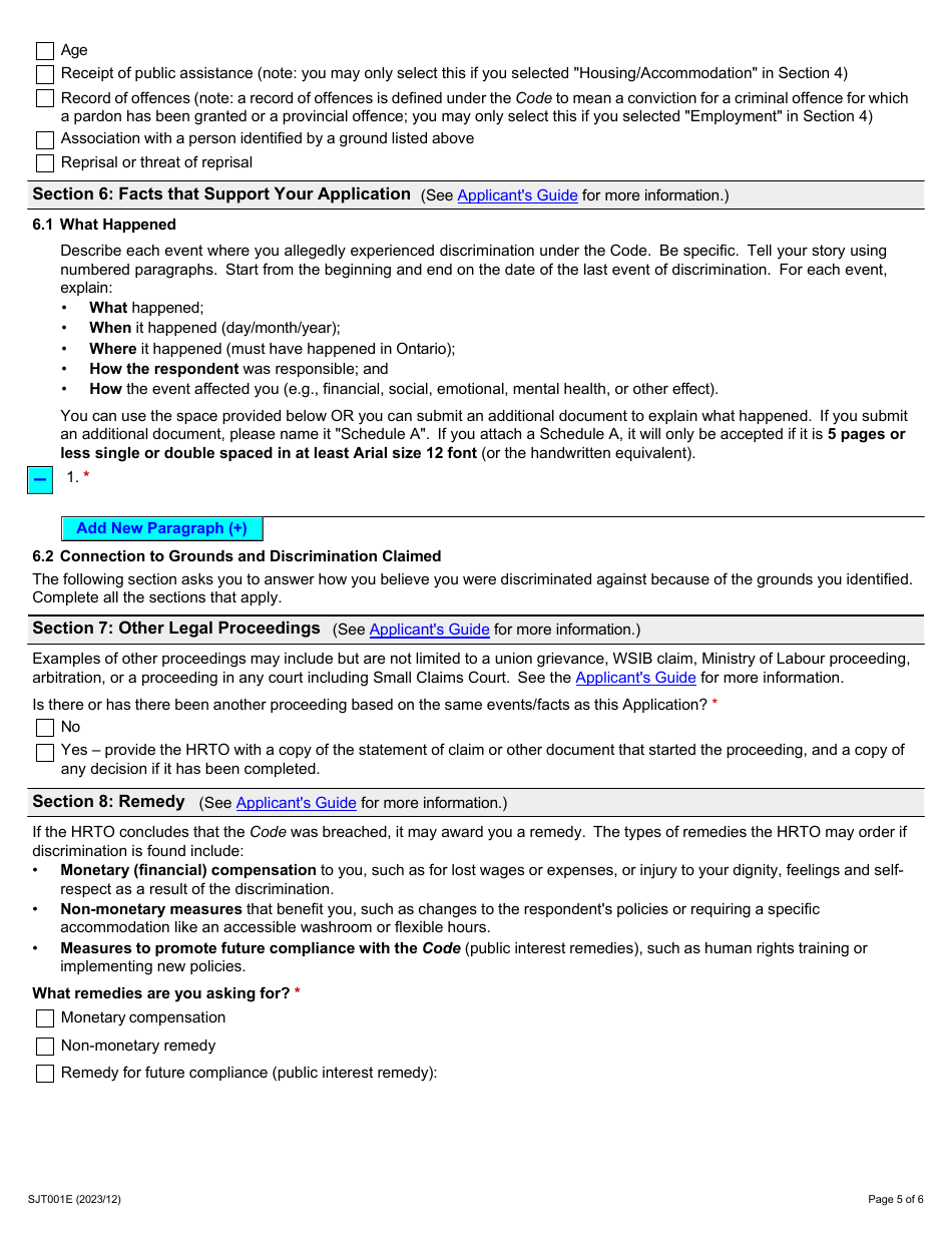 Form 1 Application Under Section 34(1) of the Human Rights Code - Ontario, Canada, Page 5