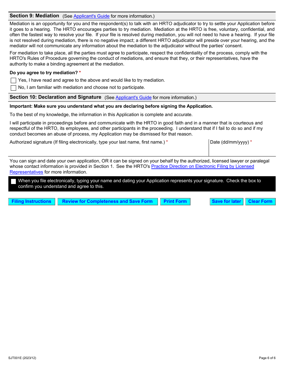 Form 1 Application Under Section 34(1) of the Human Rights Code - Ontario, Canada, Page 6