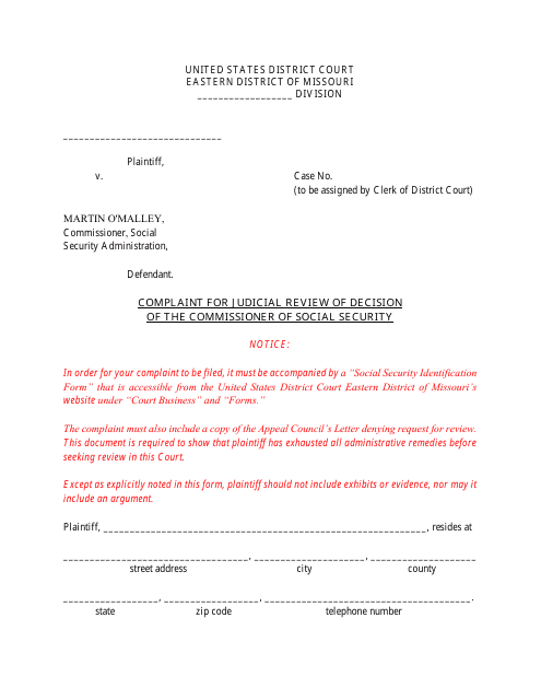 Form MOED-0045 Complaint for Judicial Review of Decision of the Commissioner of Social Security - Missouri