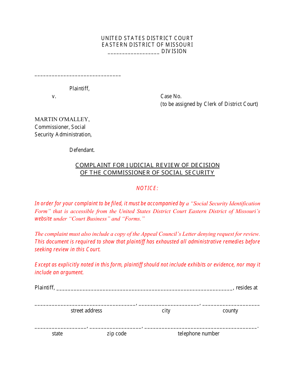 Form MOED-0045 Complaint for Judicial Review of Decision of the Commissioner of Social Security - Missouri, Page 1