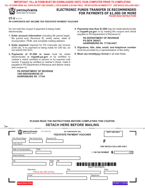Form CT-V Pa Corporate Net Income Tax Fed/State Payment Voucher - Pennsylvania