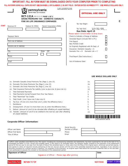 Form RCT-121A Gross Premiums Tax - Domestic Casualty, Fire or Life Insurance Companies - Pennsylvania
