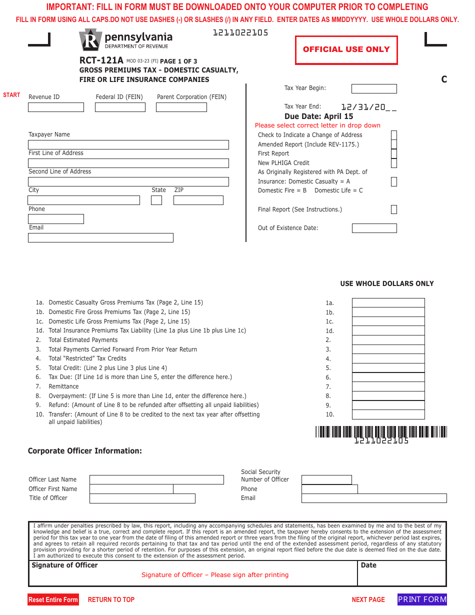 Form RCT-121A Gross Premiums Tax - Domestic Casualty, Fire or Life Insurance Companies - Pennsylvania, Page 1