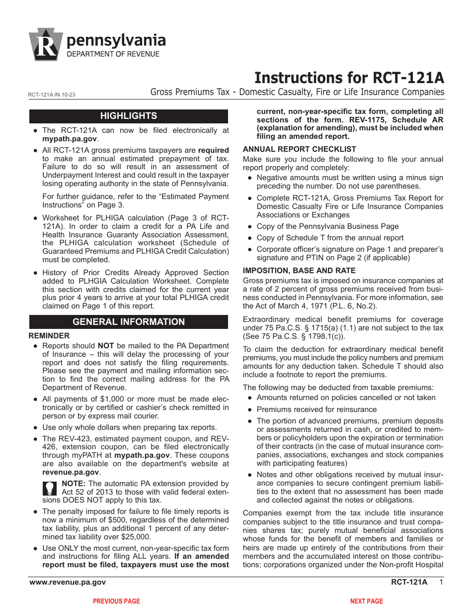 Form RCT-121A Gross Premiums Tax - Domestic Casualty, Fire or Life Insurance Companies - Pennsylvania, Page 5