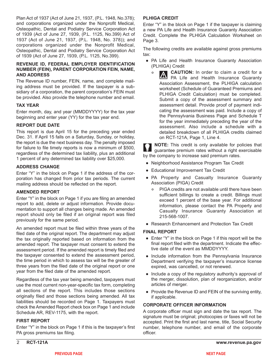 Form RCT-121A Gross Premiums Tax - Domestic Casualty, Fire or Life Insurance Companies - Pennsylvania, Page 6