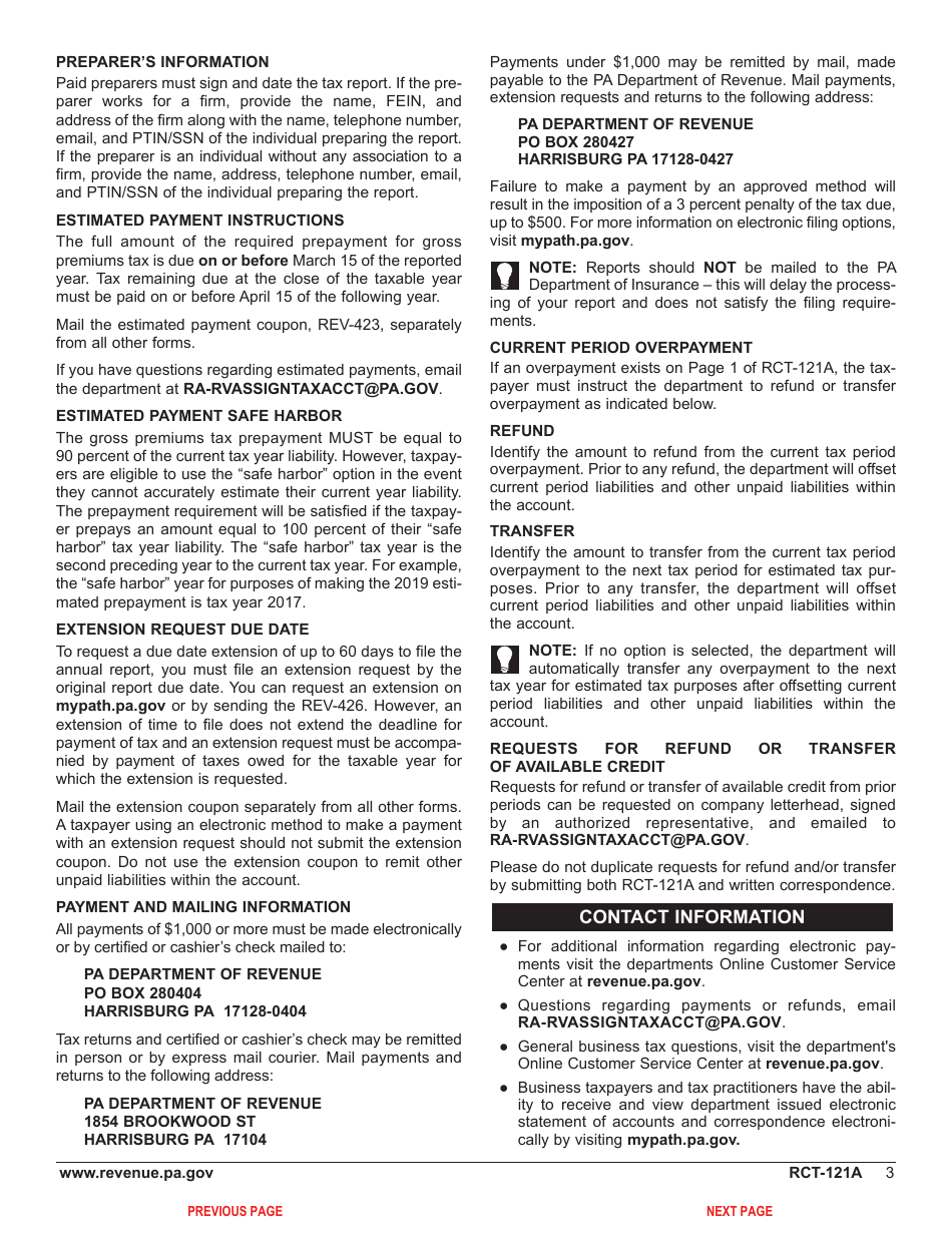 Form RCT-121A Gross Premiums Tax - Domestic Casualty, Fire or Life Insurance Companies - Pennsylvania, Page 7