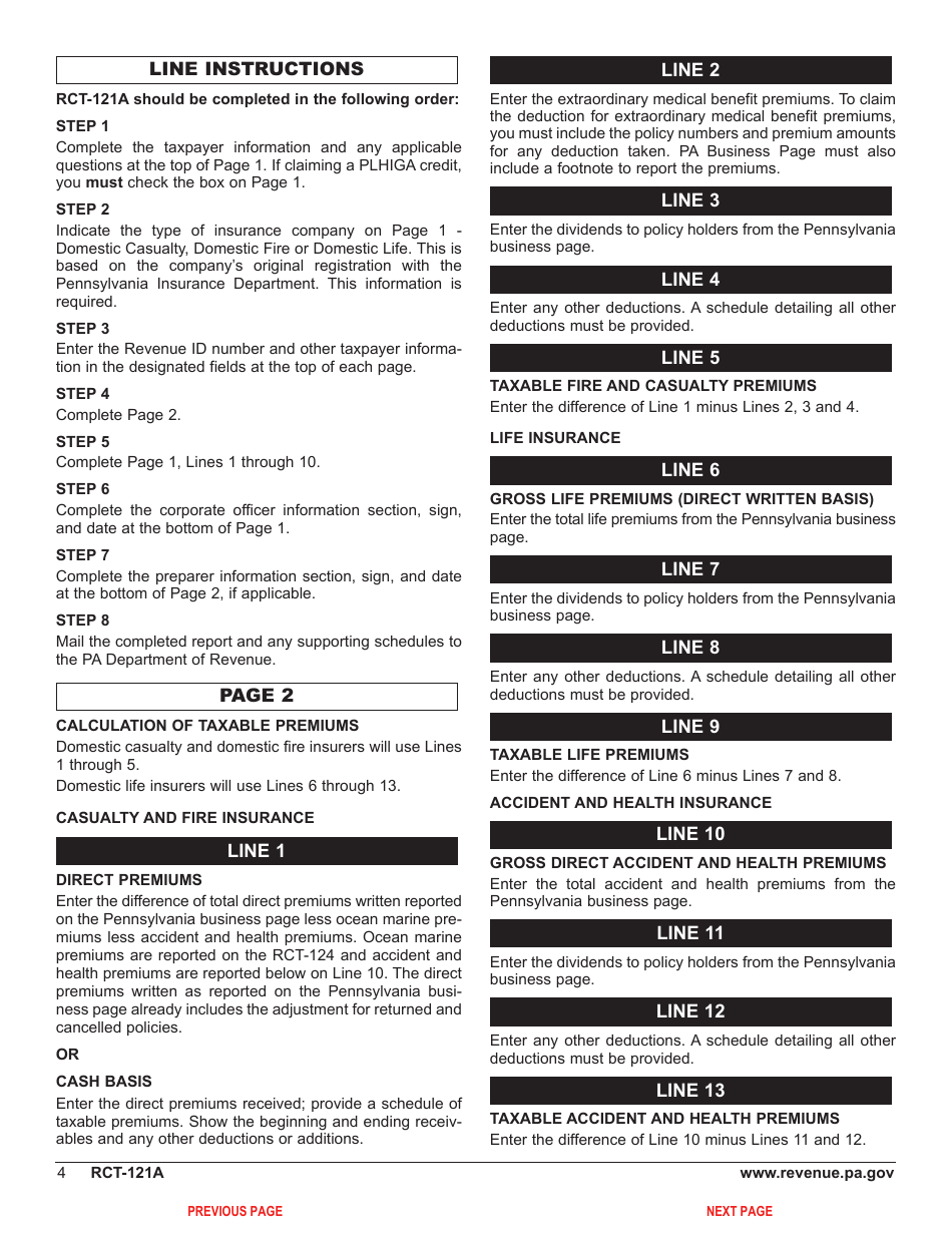 Form RCT-121A Gross Premiums Tax - Domestic Casualty, Fire or Life Insurance Companies - Pennsylvania, Page 8