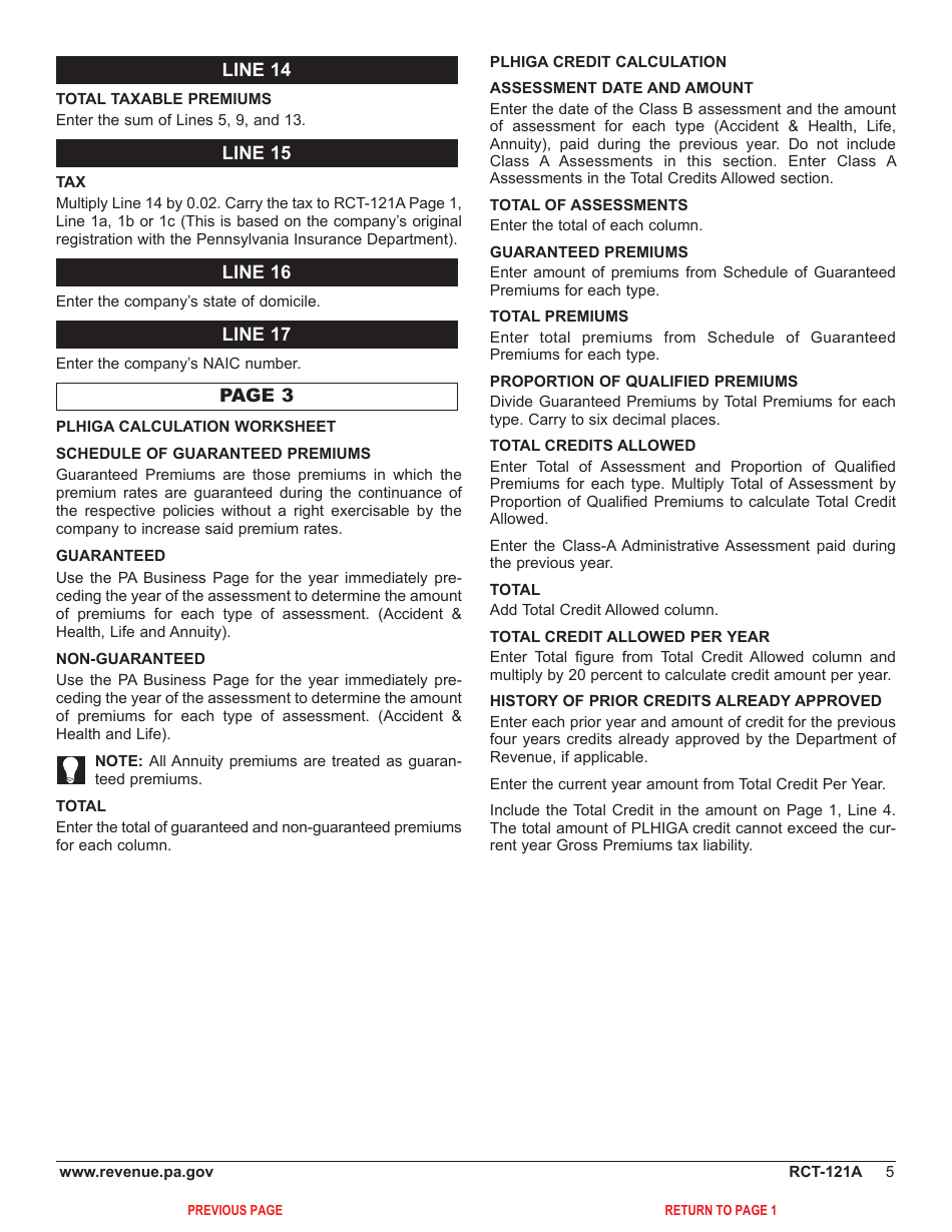 Form RCT-121A Gross Premiums Tax - Domestic Casualty, Fire or Life Insurance Companies - Pennsylvania, Page 9
