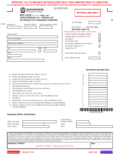 Form RCT-121B Gross Premiums Tax - Foreign Life or Foreign Title Insurance Companies - Pennsylvania
