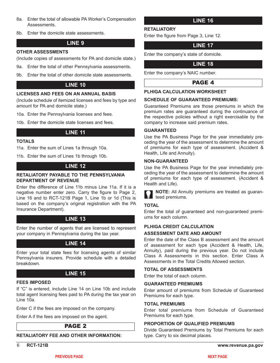 Form RCT-121B Gross Premiums Tax - Foreign Life or Foreign Title Insurance Companies - Pennsylvania, Page 10