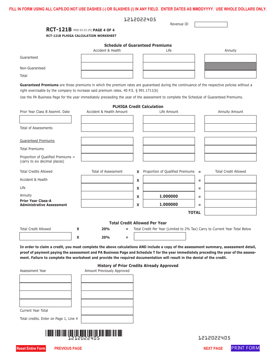 Form RCT-121B Gross Premiums Tax - Foreign Life or Foreign Title Insurance Companies - Pennsylvania, Page 4